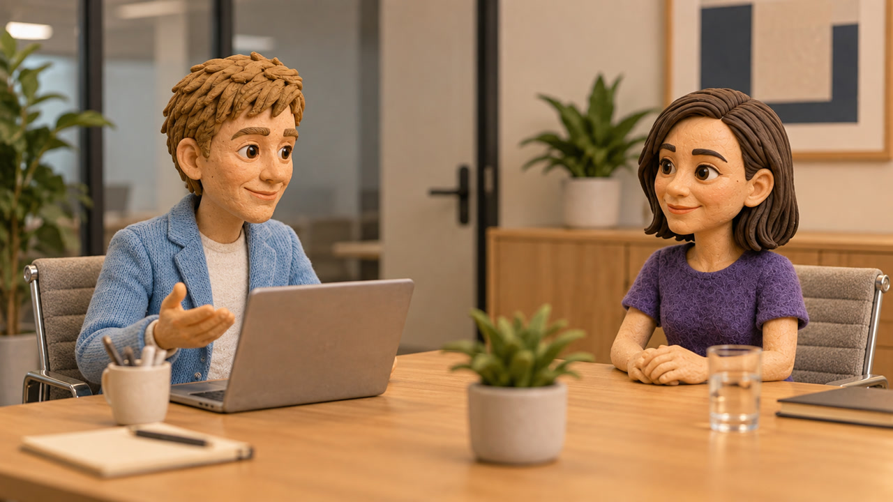 Sam und Josey sitzen sich beim Vorstellungsgespräch am Tisch gegenüber
