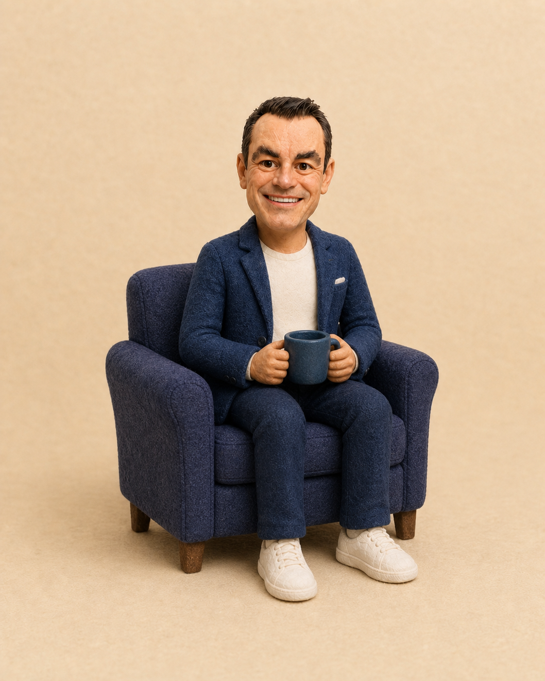 Mini-Mikon sitzt mit einer Tasse in einem Sessel