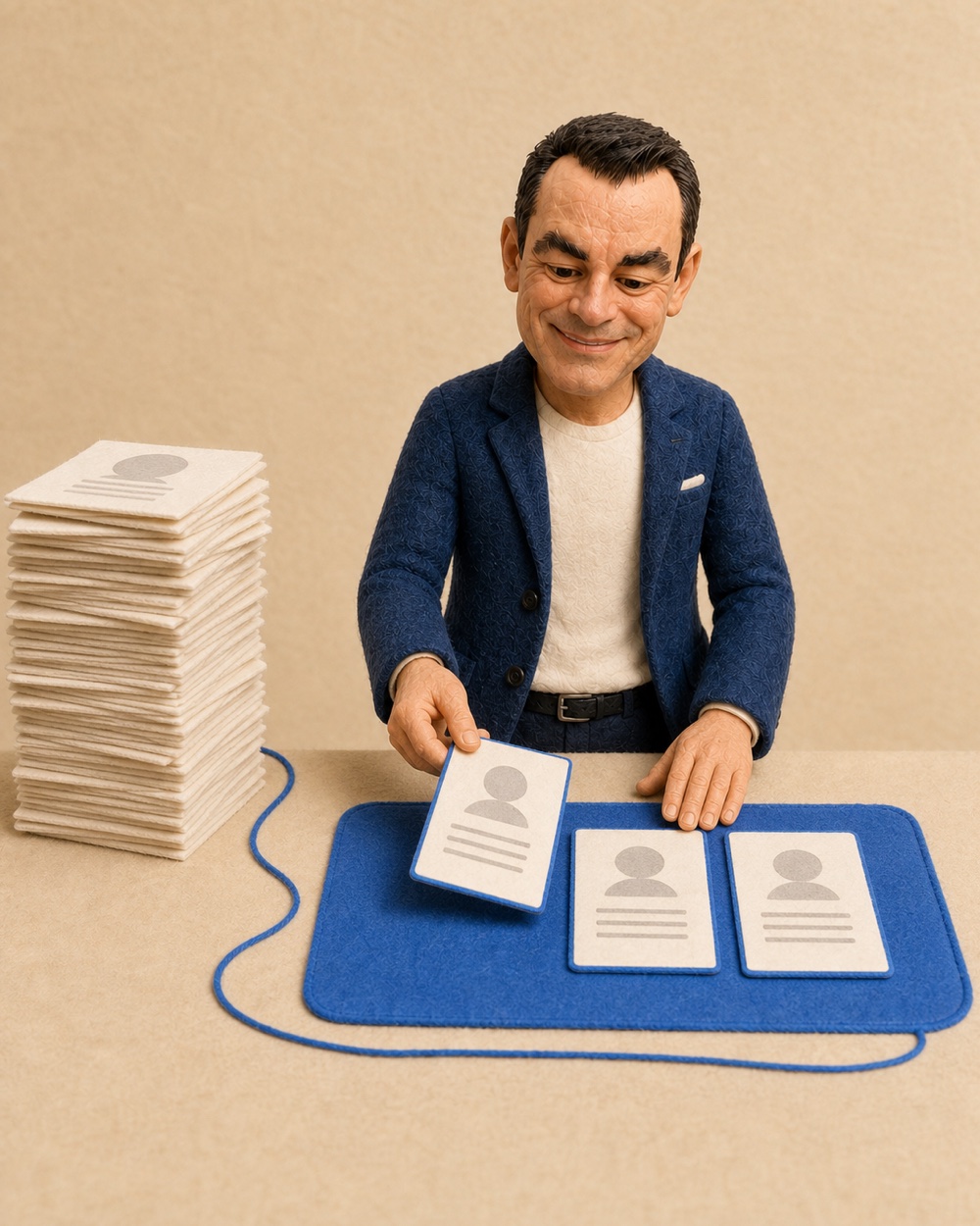 Mini-Mikon ordnet Bewerbungsunterlagen auf einem Tisch